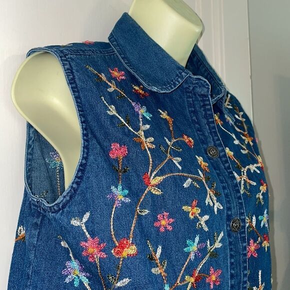 Vtg 80s/90s Life Style blue denim cotton sleeveless floral embroidered shirt - Picture 5 of 8